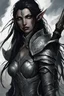 Placeholder: SA female elf with skin the color of storm clouds, deep grey, stands ready for battle. Her long black hair flows behind her like a shadow, while her eyes gleam with a fierce silver light. Despite the grim set of her mouth, there's a undeniable beauty in her fierce countenance. She's been in a fight, evidenced by the ragged state of her leather armor and the red cape that's seen better days, edges frayed and torn. In her hands, she grips two daggers, add dark shadow mystic purple flames