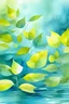 Placeholder: green-yellow leaves soft floating on soft light blue water watercolor