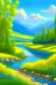 Placeholder: Красивый пейзаж на берегу небольшой реки в окружении березового леса, поляна с голубыми и желтыми цветами, зеленые деревья, вдали горная гряда, фотореализм, высокое качество