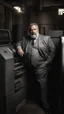 Placeholder: italian strong massive big chubby 50 year old man in smart gray suit, manly chest, unbuttoned shirt, short beard, shirtless, printer in an old printing house, next to a huge old printer, dim light, side light, ambient occlusion