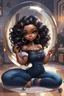 Placeholder: Create a futurism magna art of a black chibi curvy female sitting on the floor looking at herself in a hand mirror. She is wearing tight blue jeans and a black off the shoulder blouse. Prominent make up with lush lashes. Highly detailed long wavy hair. She is also wearing silver large hoop earringsart of a black chibi curvy female sitting on the floor looking at her cell phone. She is wearing tight blue jeans and a black off the shoulder blouse. Prominent make up with lush lashes.