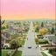 Placeholder: a glimpse of the suburban city, everything is, the landscape seems to be made of felt, pastel colours, some people and cars, René Magritte style, obsessive, paranormal activity