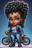 Placeholder: create an airbrush illustration of a chibi cartoon voluptuous black female wearing a blue jean outfit with a tie dye tshirt with biker boots. Prominent make up with hazel eyes. Extremely highly detail of a tight curly black bantu knots. Background of a bike show