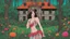 Placeholder: slim nymph dancing in a woodland clearing, with a gothic house behind her. vibrant colour