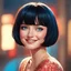 Placeholder: vibrant art of a cute lady innocently smiling, black bob haircut short hair, red cheeks, blue eyes, cinematic shot from a movie