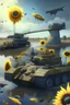 Placeholder: all kinds of guns and missiles in gray lake with bridge of sunflowers and tanks