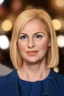 Placeholder: Powerful classical portrait of a modern blonde politician in blue top