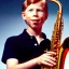 Placeholder: REd-haired ron howard as richie from happy days Is wearing a school jersey and playing the saxophone with his eyes closed, rock band, saxophone lips