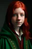 Placeholder: A girl with red hair and green eyes and she is wearing a Hogwarts robe