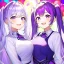 Placeholder: Clear focus, 8k, high quality, detailed, beautiful lighting, vibrant colors, white long hair, vibrant purple eyes, girl, laughing, twin tail, twins