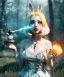 Placeholder: Ultra realistic wonderland photo, happy blonde Alice smoking a pipe, blue dress, white rabbit pet, circus dress style, old school tattoo, smoke, marijuana garden, glow eyes, perfect iris, soft color, highly detailed, unreal engine 5, ray tracing, RTX, lumen lighting, ultra detail, volumetric lighting, high definition.