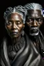 Placeholder: a photo of an African man and woman with ethnic jewelry, grey hair and grey flowing robe, in style of Annie Leibovitz, contemporary portrait of a mature yet beautiful and modernist, black and grey, detailed face, swirling fluid smokey enigma, award-winning artwork