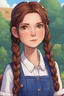 Placeholder: A girl with brown hair in two braids with brown eyes and a blue jumpsuit with a white shirt underneath, stardew, valley style