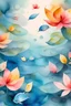 Placeholder: Watercolor painting of flower petals on the water and tiny fish underwater, birds eye view, soft colors