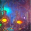 Placeholder: group of scientists is in the laboratory. invent new colors. smoke rises from multi-colored glassware. they are wearing overalls. color swatches in the background. hyperdetailed, orange and teal, warm colors, detailed painting, photorelistic, oil on canvas, light dust, futuristic. volumetric lighting