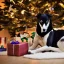 Placeholder: Black and white,greyhound,photorealistic, holding Christmas present in front of tree