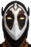 Placeholder: Planet Mercury portrayed as a masked human wearing medieval robes, the right side of the mask is black with open white eye, the left side of the mask is white with closed eye