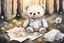 Placeholder: close-up of a cute chibi teddy bear packing piles of white clothes in the forest, laundry machine, grass and flowers next to him, melting watercolour and black ink outlines on wet paper, photorealistic, golden glitters S<AI in sunshine, ethereal, cinematic postprocessing