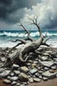 Placeholder: море шторм старое поваленное дерево среди камней на берегу моря ближний ракурс живопись маслом