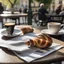 Placeholder: Espresso coffee croissant and newspaper on table outside the Italian restaurant