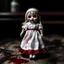 Placeholder: A girl's doll wearing a white dress with red blood bleeding from the back