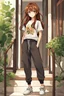 Placeholder: attractive anime woman with brown long hair, t-shirt and sweatpants, full body in frame,