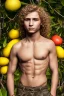 Placeholder: full body image of a beautiful 12 year old arabic boy with long, blonde curly hair and light blue eyes, smiling, shirtless, in front of a distant mango tree