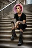 Placeholder: A portrait of an attractive young Italian punk girl. Photo taken on the street of Rome on Spanish stairs. Black shirt, short skirt, heavy boots, a lot of tattoos and piercings, coloured hairs, provocative pose, taken by Canon 5 and boke lens