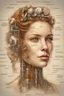 Placeholder: A realistic complex colorful illustration of an bio mechanic woman face portrait, composed of various components such as valves, springs, bolts, and circuits with some drawings, diagrams and notes explaining how it works in Leonardo codex background, concept art