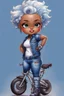 Placeholder: create an watercolor illustration of a chibi cartoon voluptuous black female wearing a blue jean outfit with biker boots. Prominent make up with hazel eyes. Extremely highly detail of a very low platinum blonde pixie haircut. Background of a bike show.