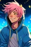 Placeholder: An androgynous young man with tousled pink hair and golden eyes floating among the stars wearing a light blue hoodie and black board shorts. He is smiling softly and holding a star in one hand.