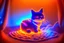 Placeholder: Against a dark cracked holographic marble background, a cute chibi plushy fluffy knitted and embroidered cat, tent, campfire, pond, mist and fog in sunshine, drawn in orange glowing neon lines. The cracks in the background are golden. Ethereal, cinematic postprocessing.