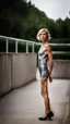 Placeholder: beautiful anorexic woman, total shot, short silver triathlon swimsuit, short blond wavy bob hair, blurred concrete background