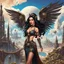 Placeholder: exotic sci-fi steampunk pin-up girl, with long dark hair and wings, on an alien planet with cloud trees, tall spires, buildings, bridges, arches