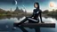 Placeholder: fantasy photo of a woman with black hair, sitting on a ledge over a pond, wearing an android-looking catsuit, sideways, with a planet behind her