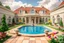 Placeholder: a luxury villa yard with pool in center and pretty plants trees flowers, pretty clouds,a pretty model lady in victorian clothing walking in villa yard around pool .every thing and lady is made of small colored cubes as a puzzle
