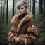 Placeholder: vogue fashion photo, brown tuffle coat, beautiful swedish forest view, mages, large, floral designs, atmospheric, beautiful, China Doll, , dark background, mid shot, full body, neutral expression, buzzcut hair, ultra realistic, highres, superb, 8k wallpaper, extremely detailed, intricate, limited palette,