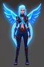 Placeholder: a person in runic armor with blue wings, blue short hair, runic tattoo and spell book