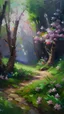 Placeholder: impressionism-style oil painting of a tree falling in a forest with beautiful flowers