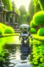 Placeholder: adorable cute chat priest robot with short punk hair and real human reflective eyes, fluffy bridge in pond in garden of st. Barbara cathedral, its such a perfect day, motion blur, smoke, 8k, downlight, soft light, depth of field, photorealism, trending on art station, lotsa detail