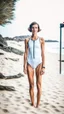 Placeholder: beautiful anorexic woman, standing frontal, full body shot, short shiny triathlon swimsuit, wavy bob haircut, photographed on the beach, raw