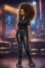 Placeholder: Create a digital airbrush cartoon of an African American female wearing a black jean outfit with timberland boots. Prominent make up with hazel eyes. She is wearing large diamond hoop earrings. Extremely highly detailed very long curly hair that shines. Background of a night club.