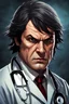 Placeholder: portrait of a 40 year old doctor with dark hair and a scowling expression, angry eyes