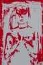 Placeholder: Line drawing, bright red ink on white paper, lady, facing forward, kneeling in an alleyway, bruised face and arms, torn clothing, hands raised in front of face face for protection, partially shrouded in shadows, 8k resolution