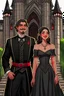 Placeholder: Strahd von Zarovich smiling, dressed in black and Ireena Kolyana frowning, wearing a wedding dress standing outside Castle Ravenloft in the illustrated style of dungeons and dragons