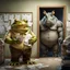 Placeholder: in front the camera be seen up to the waist a fat yellow-green color angry anthropomorphic frog in simple human cloths and take his hands many paper in office, on the wall hang an wall board with some written sheets of paper, behind in background an big strong gray anthropomorphic rhinoceros standing in blue jeans , t-shirt behind in halb open door , dark colors, detailed 3d, sci-fi, fantasy mood