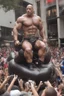 Placeholder: macy's day float of a dwayne the rock johnson