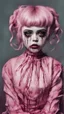 Placeholder: full color, illustration of a darkred and pink tones, menacing, Singer Melanie Martinez face, as a decayed, broken, skin turned translucent, black veins that extended like roots beneath her skin, latex suit, crude homemade cloth doll toy, with a narrow cracked porcelain face, thick dark eyebrows, hair in two gradually, made from ragged strips of cloth, in the style of Alex Pardee, Tim Burton, and Nadya Sheremet