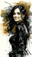 Placeholder: highly detailed, full body ink wash and watercolor painting, petite, shyly smiling, woman of Spanish and Lebanese heritage with long dark hair in a single braid, sharply defined angular facial features, anatomic perfection, by Andrea Kowch> <Yoji Shinkawa><Arthur Rackham> <Jean-Giraud Moebius, saturated vibrant natural color tones, precisely drawn and inked, 8k resolution