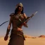 Placeholder: badass persian warrior in the desert with hawk on her shoulder , atmospheric, realistic, unreal engine, cinematic lighting, octane render.